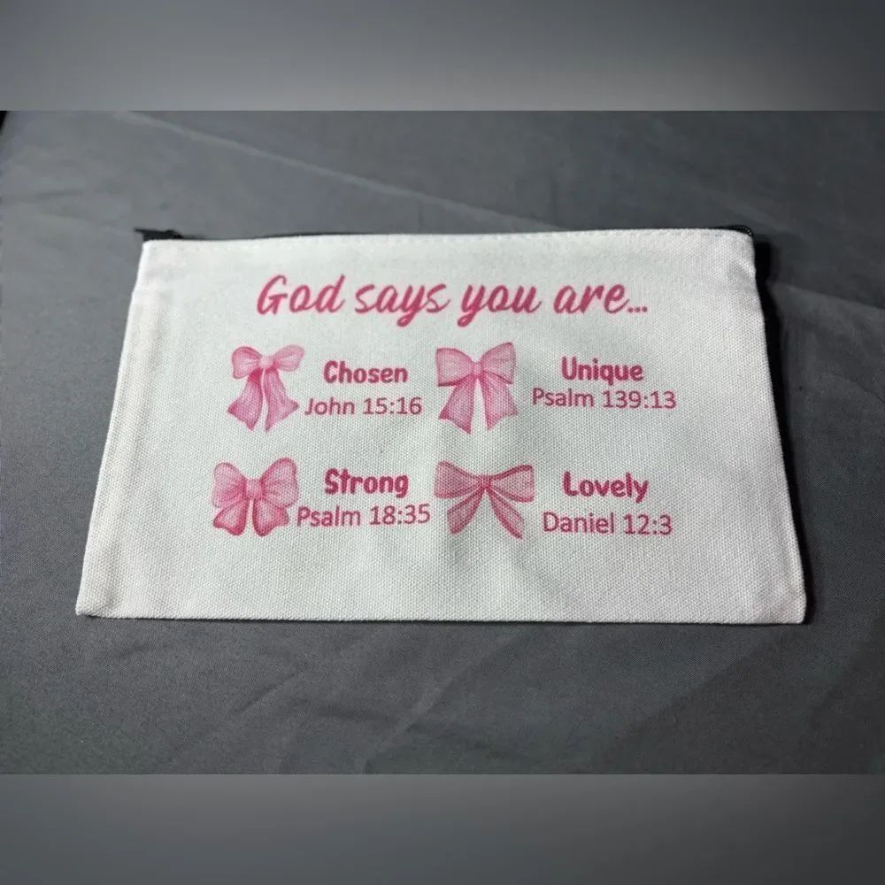 New White Canvas Zipper Pouch with Pink Script & Bow